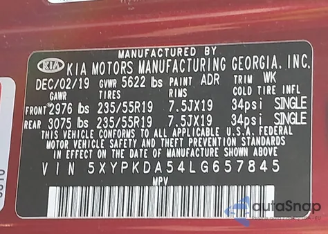 2020 Kia Sorento 3.3L Sx из США, поврежденный, VIN 5XYPKDA54LG657845